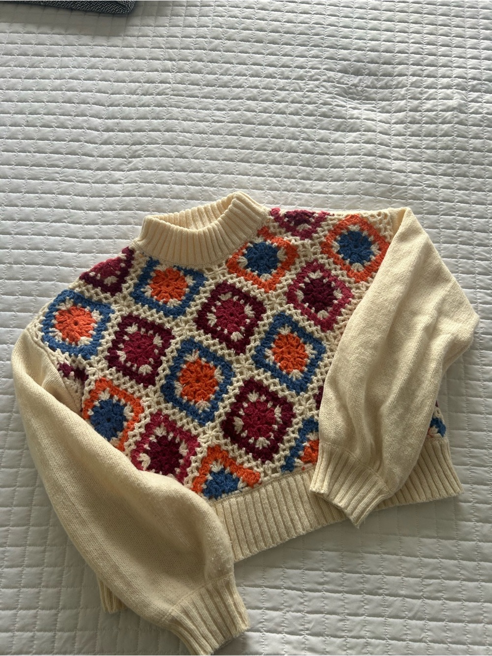 debut Cream Cowlneck Sweater with Multicolor Crochet Squares